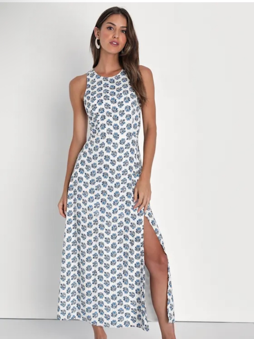 Lulus Flirty Fave Ivory Blue Floral Print Tie-Back Sleveless Midi Dress Sz Large - Picture 3 of 8